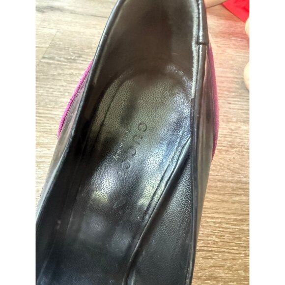 Gucci Womens Black Patent Leather High Heel Shoes Size 9 Horsebit Peep Toe - Picture 7 of 8